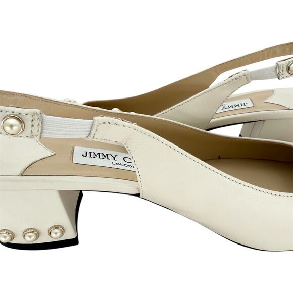 JIMMY CHOO Hya 45mm Faux Pearl Embellished Leather Pumps EU 38.5 US 8.5 Ivory - Picture 8 of 10